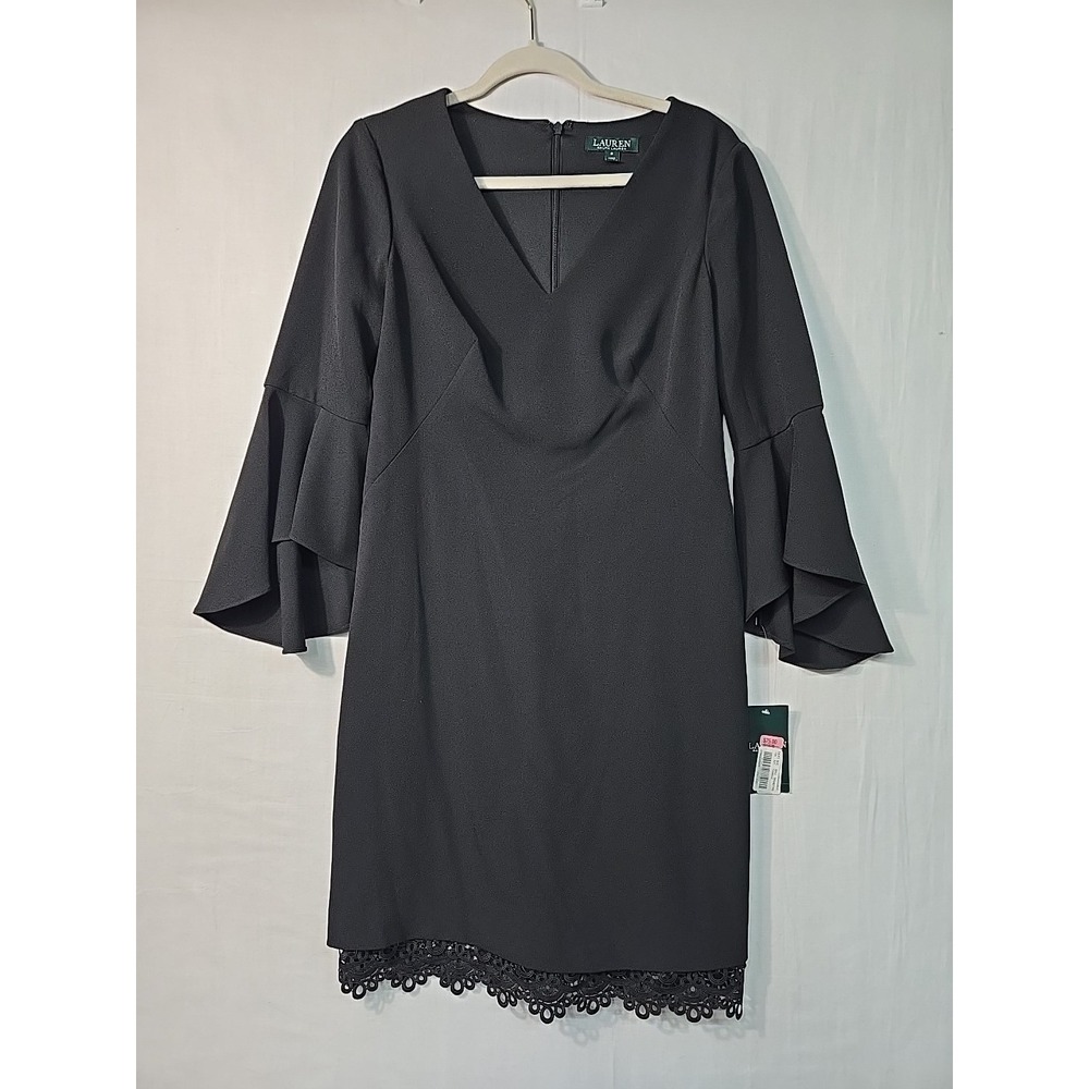 NWT‎ Lauren Ralph Lauren Black Crepe Bell Sleeve Dress V-Neck Knee-Length Size 8